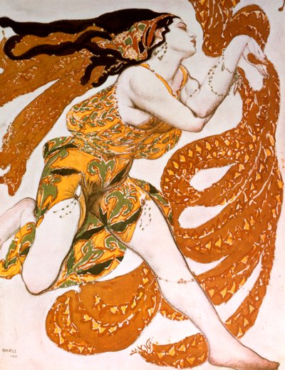 Bacchante, pukusuunnittelu Ballets Russes -tuotantoon Tcherepnins Narcisse, 1911 tekijältä Leon Bakst