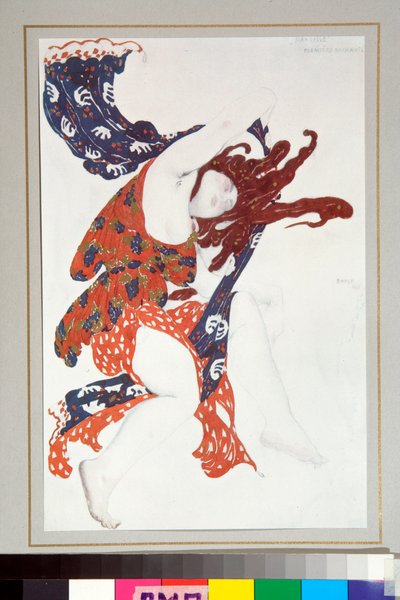 "Bacchante"-asu piirretty Nicolas Tcherepninen ohjaamaan balettiin Narcisse tekijältä Leon Bakst