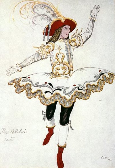 Pukusuunnittelu elokuvaan The Pageboy of the Fairy Humming Bird, Sleeping Beauty tekijältä Leon Bakst