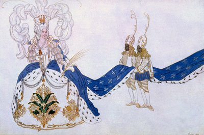 Pukusuunnittelu elokuvalle The Queen and Her Pages, Prinsessa Ruusunen, 1921 tekijältä Leon Bakst