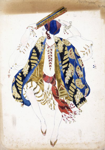 Pukusuunnittelu miestanssijalle "Danse Juivessa", housut ja turbaani, soittaen tamburiinia, tekijältä Leon Bakst