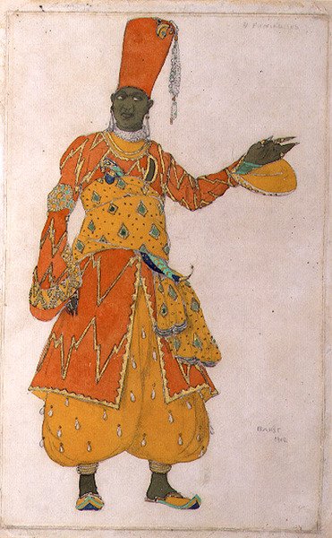 Pukusuunnittelu yhdelle Scheherazade-elokuvan kolmesta eunukista tekijältä Leon Bakst