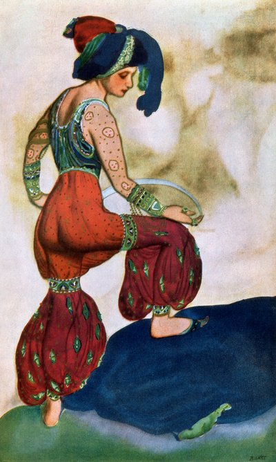 Pukusuunnittelu Red Sultanille, Sheherazadista (väri litho) tekijältä Leon Bakst