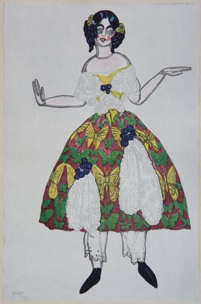 Pukusuunnittelu G. Rossinin balettiin The Magic Toy Shop, 1919 tekijältä Leon Bakst