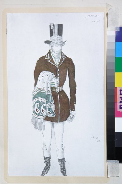 Puku Robert Schumannin balettiin Les Papillons - Leon Bakstin (1866-1924) teos, litografia 1912 - (Robert Schumannin Les Papillons -baletin pukusuunnittelu, Leon Bakstin värilitografia tekijältä Leon Bakst