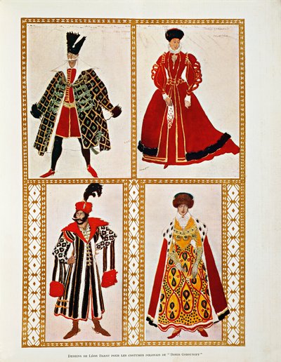 Modest Mussorgskin asut poloneesille Boris Godunov (akvarelli) tekijältä Leon Bakst