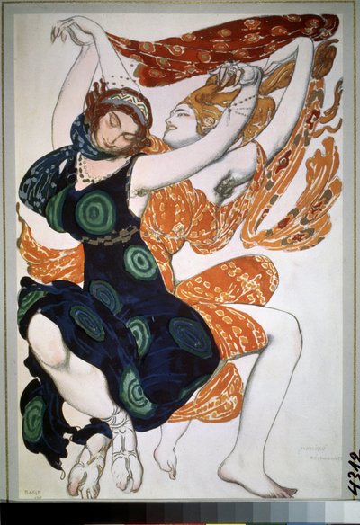 Kaksi beotiennea, puku Nikolai Tcherepninin (Nicolas Tcherepnin) (1873-1945) balettiin "Narcisse" (Kaksi beotiennea, pukusuunnittelu N. Tcherepninin Narcisse-balettiin). Piirustus Leon Bakst (1866-1924). Akvarelli, guassi, kulta ja hopea päällä tekijältä Leon Bakst