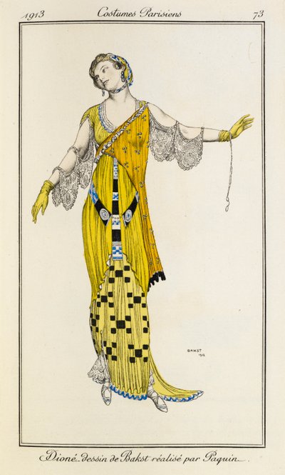 Dione, Bakstin piirustus, Jeanne Paquin. Pariisilaiset puvut nro 73 tekijältä Leon Bakst