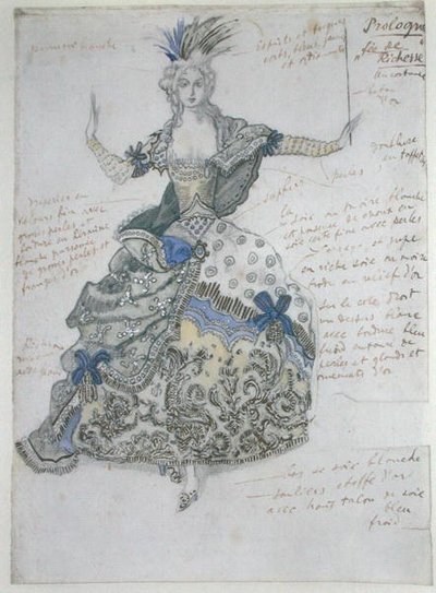 La Belle au Bois Dormant, "La Fee de Richessen" pukusuunnittelu (akvarelli lyijykynällä korotettu valkoisella ja kullalla paperille) tekijältä Leon Bakst