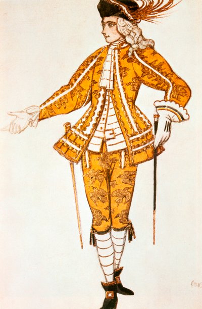 Page de la fee des Canaris, pukusuunnittelu Tšaikovskin balettiin Prinsessa Ruusunen, 1921 tekijältä Leon Bakst