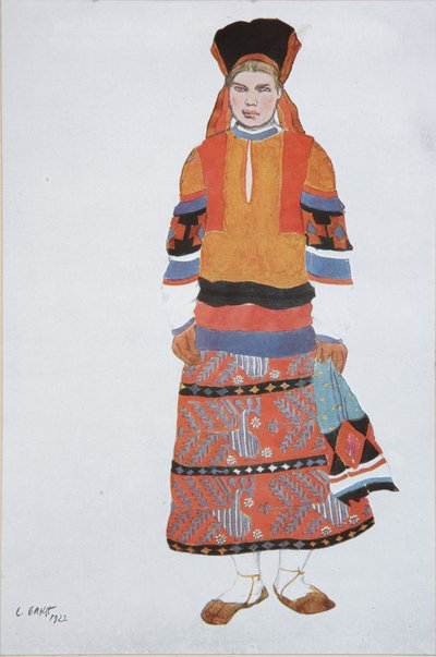 Talonpoikanainen. Pukusuunnittelu Vaudeville Old Moskovaan Théâtre Feminassa Pariisissa, 1922 tekijältä Leon Bakst