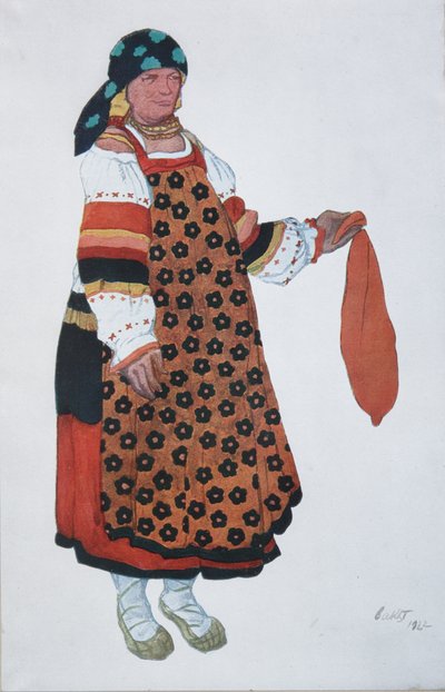 Talonpoikanainen. Pukusuunnittelu Vaudeville Old Moskovaan Théâtre Feminassa Pariisissa, 1922 tekijältä Leon Bakst