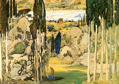 Maurice Ravelin baletin Daphnis ja Chloe ensimmäisen näytöksen lavastuksen luonnos. tekijältä Leon Bakst