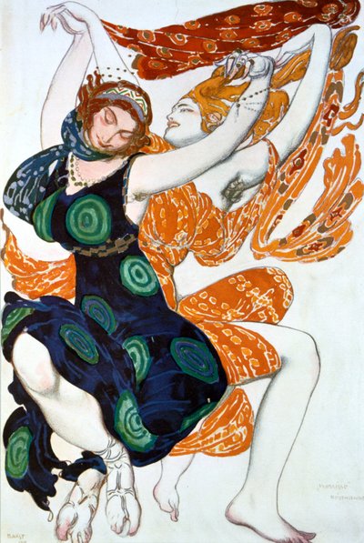 Kaksi Bacchantea, pukusuunnittelu Ballets Russes -tuotantoon Tcherepnins Narcisse, 1911 tekijältä Leon Bakst