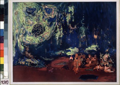 sisustus balettiin "Sheherazade", ohjaaja Nicolas (Nikolai) Rimski Korsakov (Rimski-Korsakov) (1844-1908) tekijältä Leon Bakst