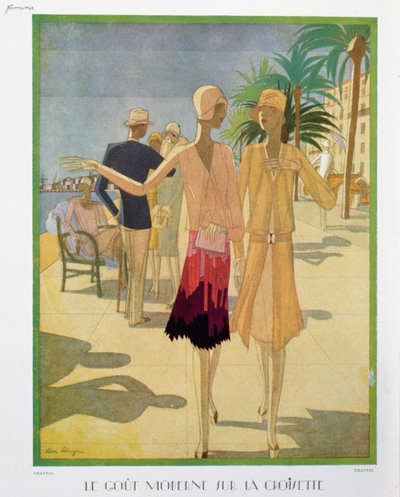 Muodikkaat ihmiset kävelemässä Croisette Promenadella Cannesissa, kuvitus Femina-lehdestä, joulu 1927 (värilitho) tekijältä Leon Benigni