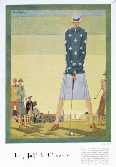 Jane Regnyn golfpukusuunnittelu, muotilevy Femina-lehdestä, joulu 1926 (väri litho) tekijältä Leon Benigni