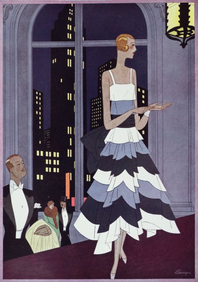 Under the Eyes of New York Skyscrapers, muotilevy Femina-lehdestä, joulukuu 1928 (värilitho) tekijältä Leon Benigni