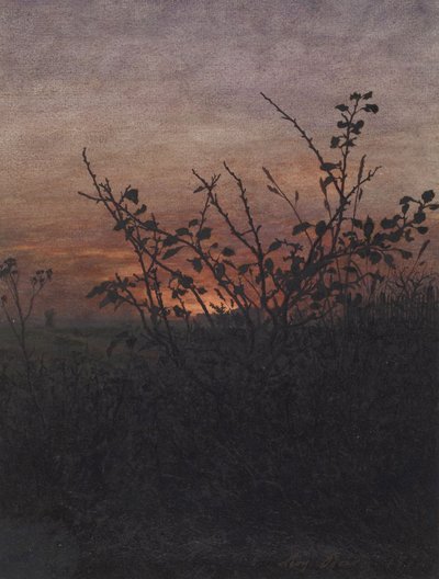 Oratuomi (?) auringonlaskumaiseman edustalla tekijältä Léon Bonvin