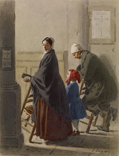 Mies, nainen ja tyttö rukouksessa kirkossa, 1864 (wc ja grafiitti paperilla) tekijältä Leon Henri Antoine Loire