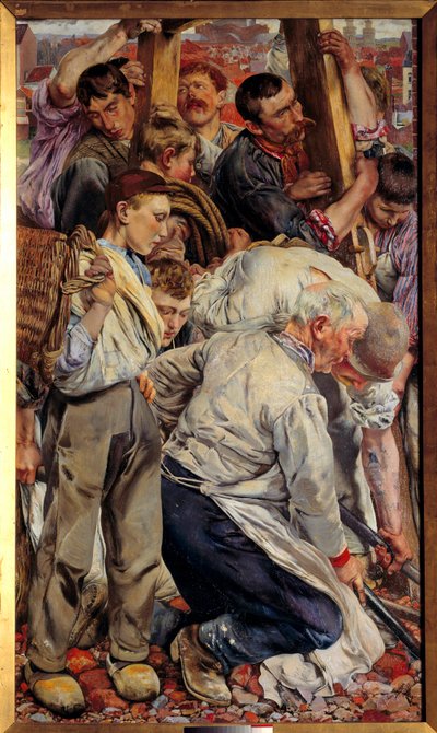 Sosiaalirealismi: "" Työläisten ajat"" Vasen osa Leon Henri Fredericin (1856-1940) triptyykistä (ec.belg) 1897 su. 1,63x0,94 m Pariisi, museo d