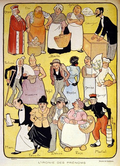 "Nimien ironia", 1900-luvun alun kuvitus "Le Rire" -lehdelle (värilitho) tekijältä Leon Lebegue