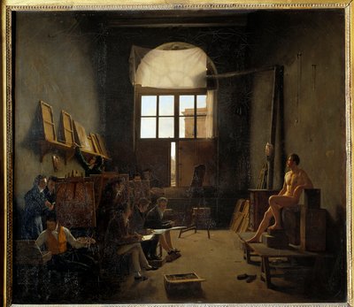 Davidin studion sisustus College of Four Nationsissa vuonna 1814 (nykyinen Institut de France). Mathieu Cochereaun (1793-1817) maalaus tekijältä Leon Mathieu Cochereau