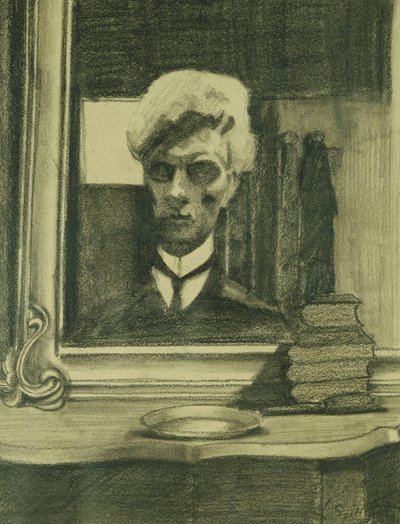 Omakuva; Automuotokuva, n. 1907 (hiili ja värikynä kiillotuspaperilla) tekijältä Leon Spilliaert