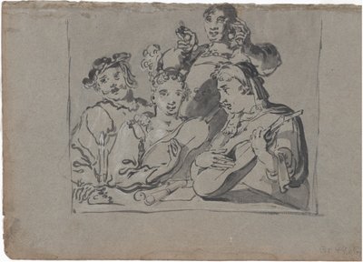 Laulijoiden, luutun soittajien ja kellonsoittajien kvartetti soittamassa tavernassa kynttilänvalossa, 1620-1628. tekijältä Leonard Bramer