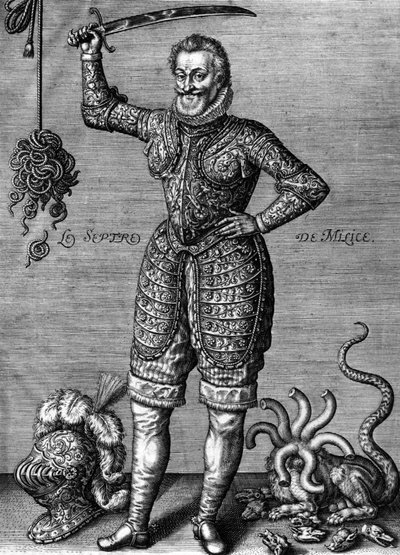 Henri IV (1553-1610) Ranskan kuningas vuosina 1589-1610, tässä haarniska yllään, miekka kädessään, vääryyden oikaisijana, kaiverrus Leonard Gaultier tekijältä Leonard Gaultier