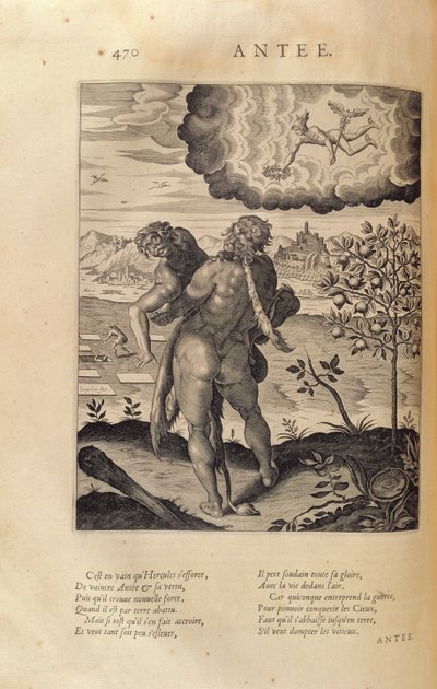 Hercules slaying Antaeus, kuvasta "Les Images ou Tableaux de Platte Peinture des Deux Philostrates Sophistes Grecs", Blaise de Vigenere (1523-96) Pariisi, 1615. tekijältä Leonard Gaultier