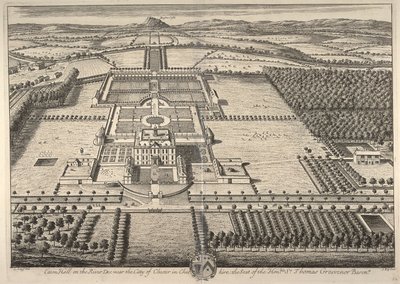 Eaton Hall Dee-joella lähellä Chesterin kaupunkia Cheshiressä, kunnianarvoisan Sir Thomas Grosvenorin kotipaikka (kaiverrus) tekijältä Leonard Knyff