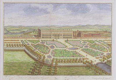 Hampton Courtin kuninkaallinen palatsi, "Survey of London", kaiverrus Johannes Kip (n. 1652-1722), 1730 (värikaiverrus) tekijältä Leonard Knyff