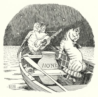 Pöllö ja pillu-kissa (litho) tekijältä Leonard Leslie Brooke