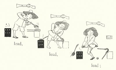 Siellä oli pieni mies, ja hänellä oli pieni ase, ja hänen luodinsa olivat lyijyä, lyijyä, lyijyä (kaiverrus) tekijältä Leonard Leslie Brooke