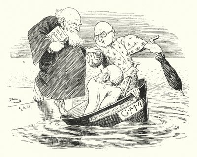 Kolme Gothamin viisasta meni merelle kulhossa (kaiverrus) tekijältä Leonard Leslie Brooke