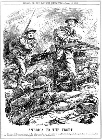 Amerikkalaiset vahvistukset liittoutuneiden joukkojen auttamiseksi ennen Yhdysvaltain pääarmeijan saapumista, ensimmäinen maailmansota, 1918 tekijältä Leonard Raven Hill