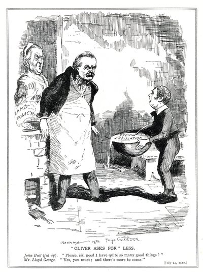 John Bull valittaa Lloyd Georgelle, että hänen sosiaalilainsäädäntöönsä ja maapoliittisiin uudistuksiinsa sisältyy liikaa uudistuksia, 1912. tekijältä Leonard Raven Hill