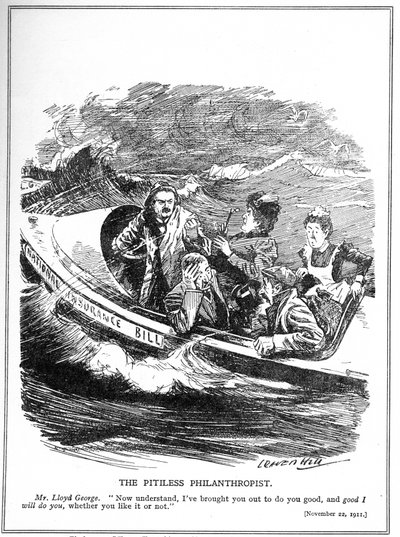 Pelastusvenepurjehtijana kuvattu Lloyd George vastustaa vuoden 1911 kansallista vakuutuslakiaan tekijältä Leonard Raven Hill