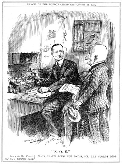 Herra Punch kiitti Marconia langattomasta lennätyksestä, joka pelasti ihmishenkiä merellä, 1913 tekijältä Leonard Raven Hill