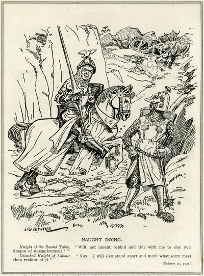 Työväenpuolue kieltäytyy yhtymästä Lloyd Georgen kanssa työttömyyden lohikäärmeen surmaamiseen, 1921 tekijältä Leonard Raven Hill