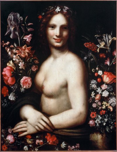 Nuoren naisen rintakuva nimeltä Flora (Flora) kukkien keskellä Mallina olisi Mona Lisa (Mona tai Monna Lisa) Maalaus Leonardo da Vincin (Leonard de Vinci) (1452-1519) piirustuksen mukaan 1600-luvun Bergamo, accademia Carrara tekijältä Leonardo da (after) Vinci