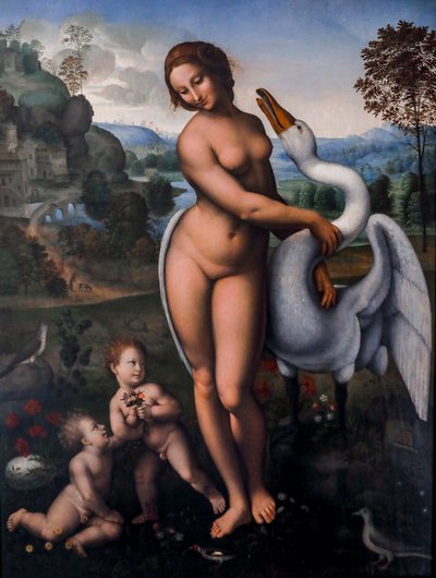 Leda ja joutsen, öljy kankaalle tekijältä Leonardo da (after) Vinci