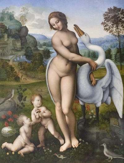 Leda ja joutsen, kopio Leonardo da Vincin mukaan (tempera paneelilla) tekijältä Leonardo da (after) Vinci
