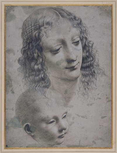 Naisen pää ja vauvan pää (metallikärki harmaalla valmispaperilla) tekijältä Leonardo da (follower of) Vinci