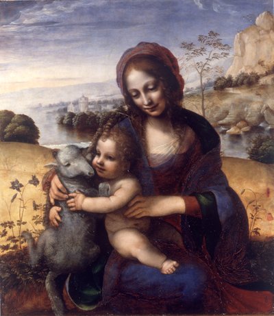 Madonna ja lapsi karitsan kanssa tekijältä Leonardo da (manner of) Vinci