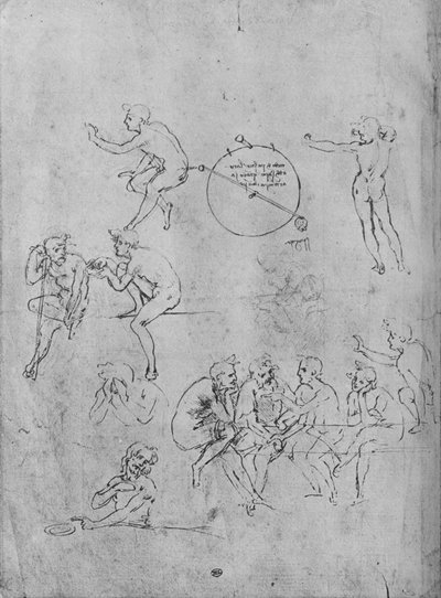 Ryhmä hahmoja keskustelemassa pöydän ääressä, kaksi hahmoa keskustelussa ja muita, 1481-1483 1945 tekijältä Leonardo da Vinci
