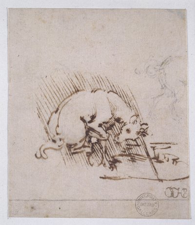Yksisarvinen kastamassa sarveaan vesialtaaseen, n. 1481 (kynä ja mustetta ja metallikärki paperilla) tekijältä Leonardo da Vinci
