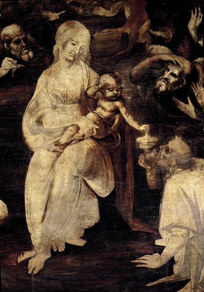 Taikkojen ihailu. Yksityiskohta Neitsyt Mariasta. (öljy puulle tekijältä Leonardo da Vinci