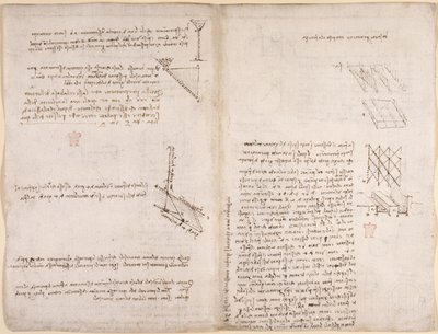 Arundel 263, f.120v, f.121 Notes i diagrames sobre mecànica, sobre la velocitat dels líquids, c.1503-6 (llapis i tinta sobre paper)finès tekijältä Leonardo da Vinci